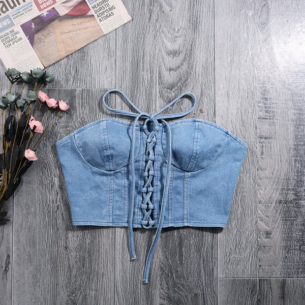 Sexy Crossover Lace up Denim Back Outer Wear Tube Top Women Casual Body Shaping Short Vest Zipper Wrapped Chest