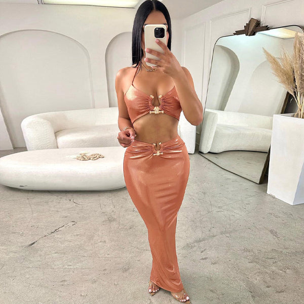 Metallic Coated Fabric Women Clothing Summer Sexy Cutout Slim Strap Dress Women Dress