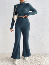 Autumn Winter Solid Color Knitted Long Sleeve Turtlenecks Wide Leg High Waist Trousers Suit