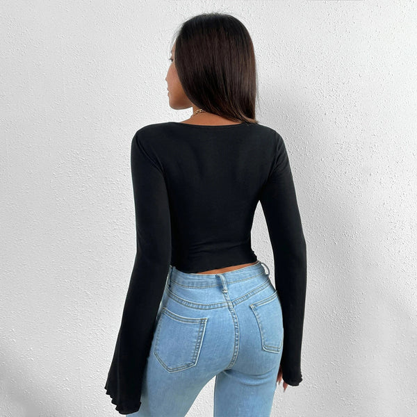 Women Clothing T shirt Vacation V neck Flared Sleeves Tight Waist Irregular Asymmetric Knitting Long Sleeve T shirt Top