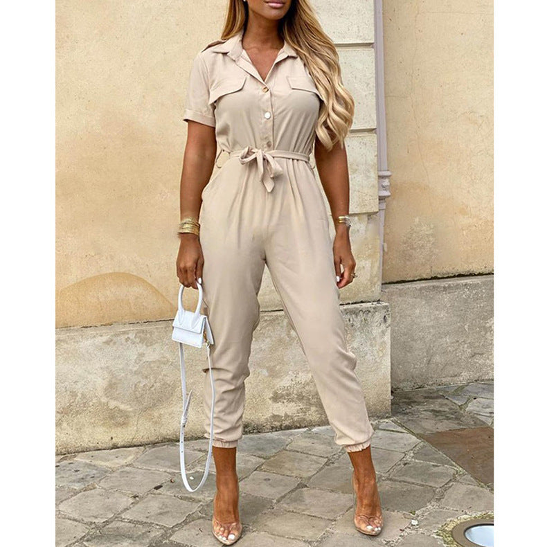 Women Clothing Trousers Casual Collared Button Printed Belt Cargo Overalls Plus size - Angelique