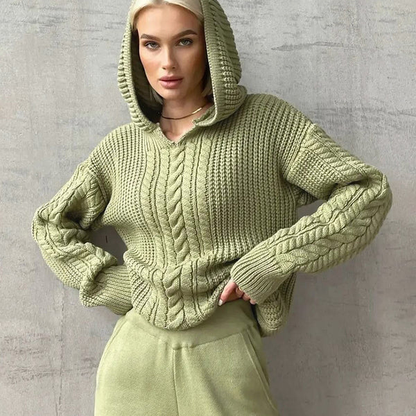 Women Clothing Autumn Street Shooting Hooded Long Sleeve Knitted Sweater