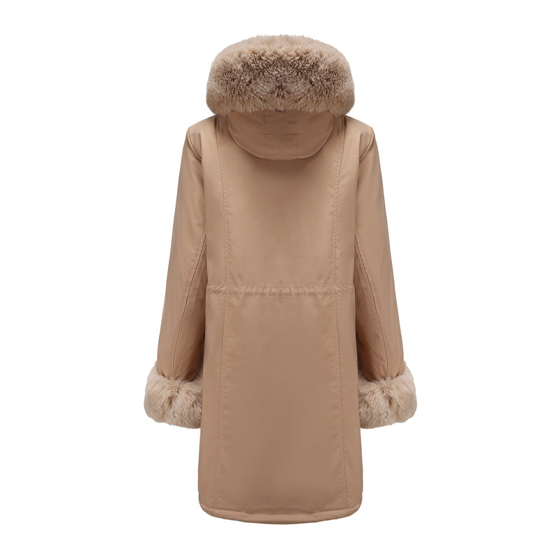 Winter Cotton Coat Women Detachable Fur Collar Mid Length Long Sleeve Parka Solid Color Hooded Warm Cotton Padded Jacket