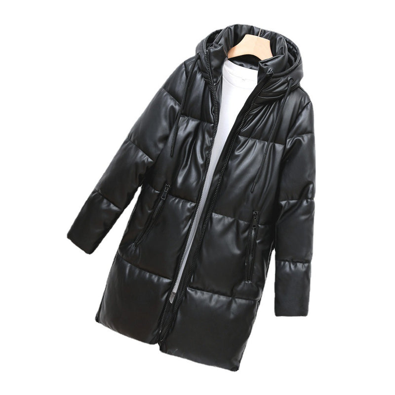 Hooded Faux Leather Coat Women Mid-Length Leather Jacket Thermal Cotton Coat Jacket