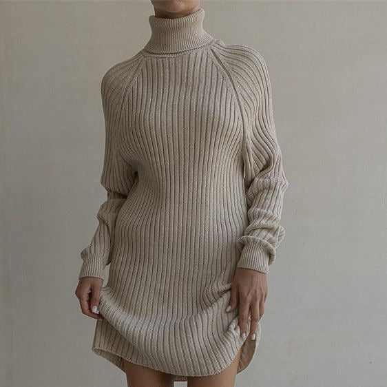 Long Sleeve High Collar Sweater Dress Women Casual Loose Thick Sunken Stripe Solid Color Sheath Autumn Winter Knitting Dress