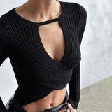 Herbst Frauen Kleidung Sexy Sexy Aushöhlen Ausschnitt Gestrickte Gewinde Langarm Crop Top