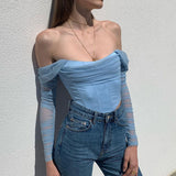 Frauen Kleidung Herbst Winter Mesh Durchsichtig Off-Neck Crop-Top Kurze Top Frauen Boning Korsett Boning Korsett Korsett