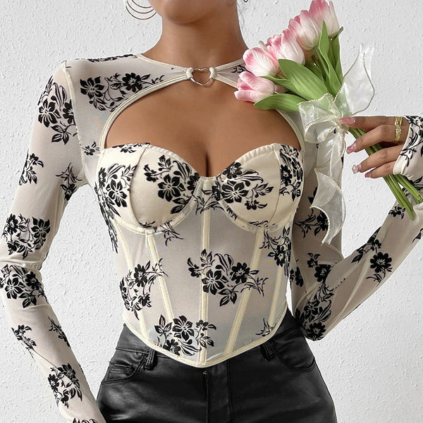 Sexy Hollow Out Cutout Sexy Low Cut Langarm-T-Shirt Love Decorative Steel Ring Boning Corset Slim Top