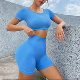 Quick Drying Breathable Seamless Yoga Clothes Fitness Suit Women Sports Yoga Short Sleeve Peach Hip Yoga Pants Shorts