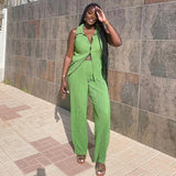 Summer Lightweight Collared Breasted Sleeveless Shirt Top Plus Size Loose Wide Leg Pants Casual Suit