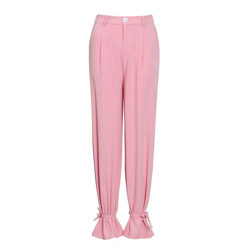 Autumn Winter Blouse Pants Pink Simple Lace Suit High Waist Narrow Bottom of a Trouser Leg Trousers