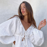 Cotton Linen White Lantern Sleeve V neck Top Shorts  Summer Women Clothing Two Piece Set - Angelique