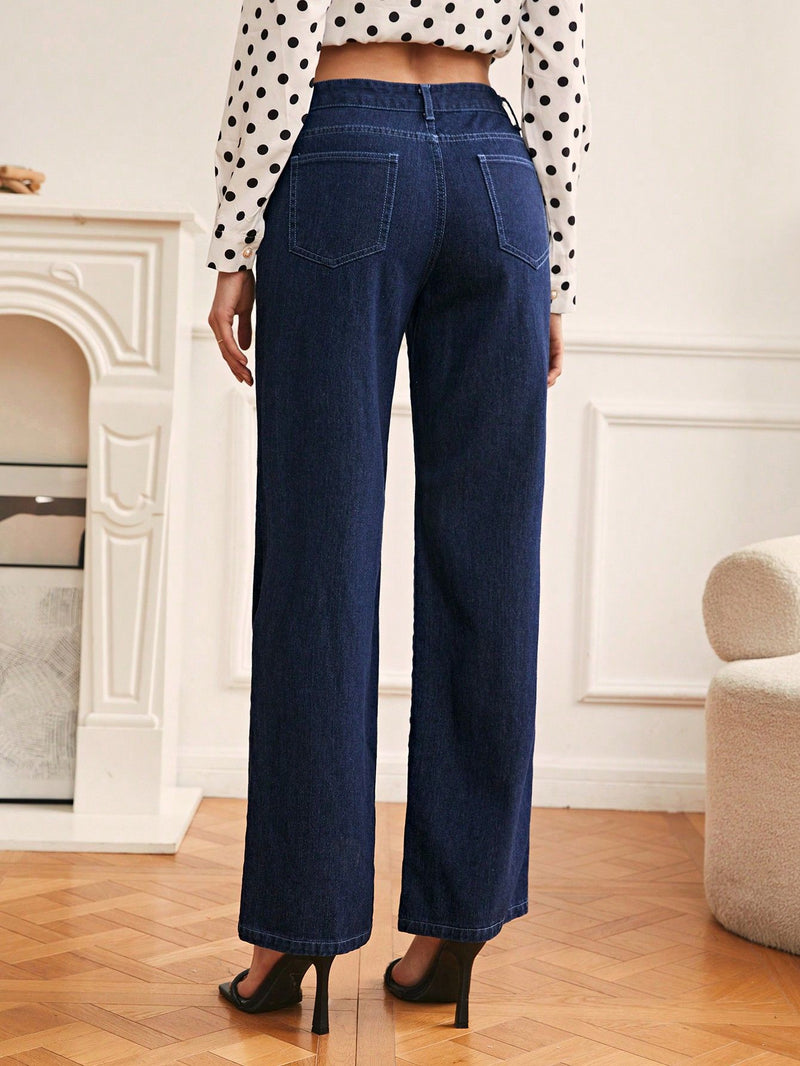 Women Clothing Fashionable Retro Casual High Waist Straight Leg Denim Trousers