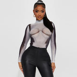 Women Clothing Autumn Printed Sexy Slim Mesh Long Sleeve Jumpsuit