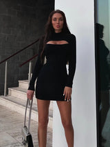 Long Sleeve Knitted Dress Autumn Winter Hollow Out Cutout Sexy Skinny Short Dress