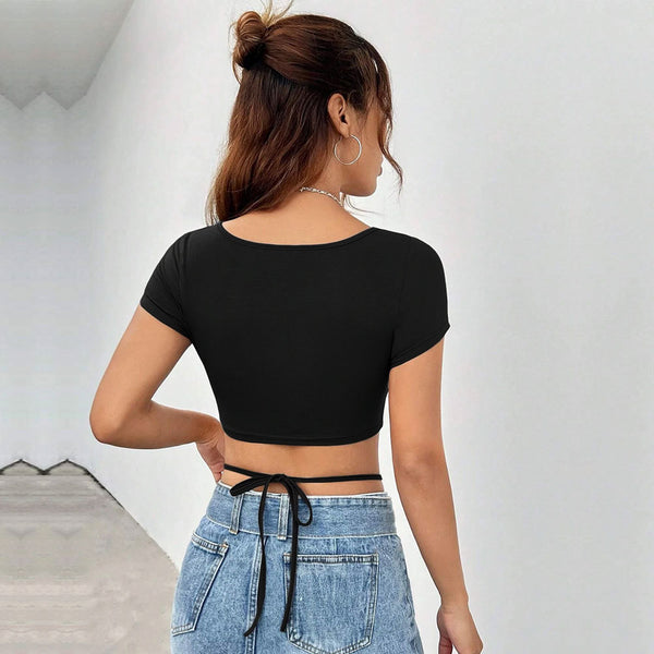 Summer Women Clothing Square Collar Irregular Asymmetric Short Knitted Short Sleeve T shirt Top