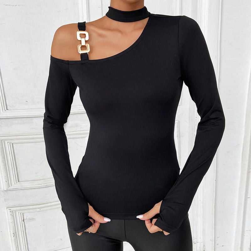 Women Clothing Sexy Halter Off The Shoulder Long Sleeve Knitted Autumn Winter Slim Fit Slimming Bottoming Top