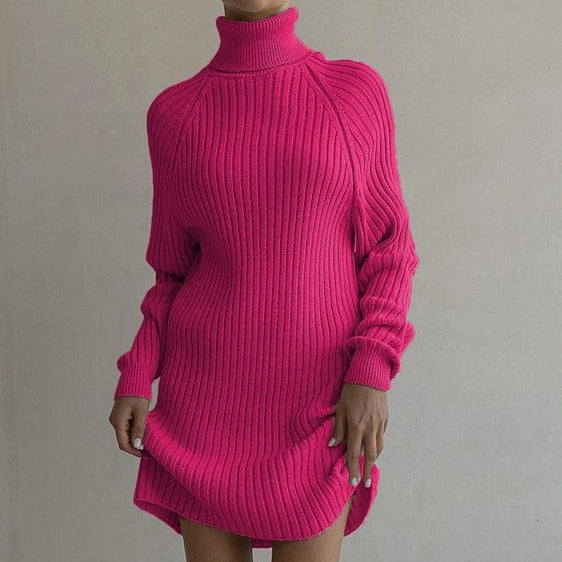 Long Sleeve High Collar Sweater Dress Women Casual Loose Thick Sunken Stripe Solid Color Sheath Autumn Winter Knitting Dress