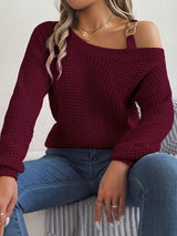 Herbst Winter Casual Metall Schnalle Patchwork Kalt-Schulter Laterne Hülse Pullover Pullover Unabhängige Stehen Kreuz