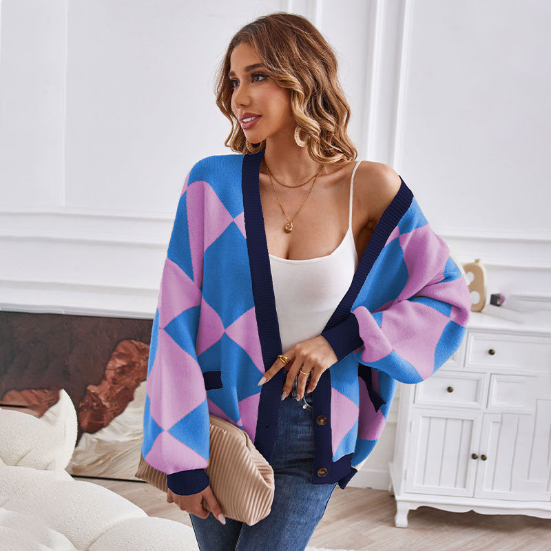 Winter V Neck Geometric Abstract Stitching Contrast Color Knitted Cardigan Casual Loose Jacket Women