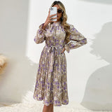 Women Wear Printed Long Sleeve Half Turtleneck Dress - Angelique