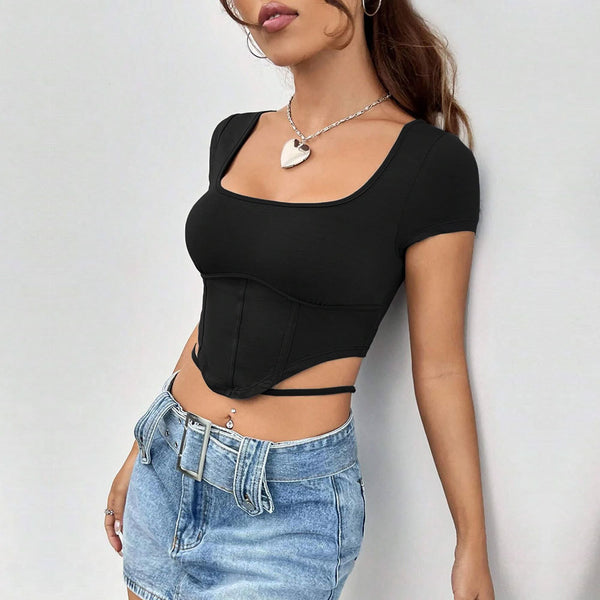 Sommer Frauen Kleidung Quadrat Kragen Unregelmäßige Asymmetrische Kurze Gestrickte Kurzarm T shirt Top