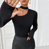 Women Clothing Sexy Halter Off The Shoulder Long Sleeve Knitted Autumn Winter Slim Fit Slimming Bottoming Top