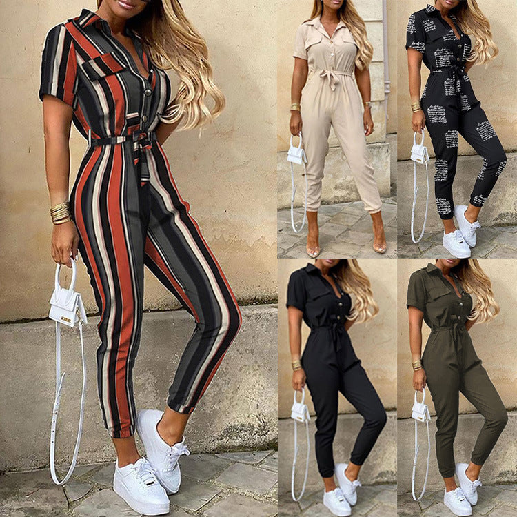 Women Clothing Trousers Casual Collared Button Printed Belt Cargo Overalls Plus size - Angelique