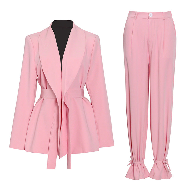 Autumn Winter Blouse Pants Pink Simple Lace Suit High Waist Narrow Bottom of a Trouser Leg Trousers