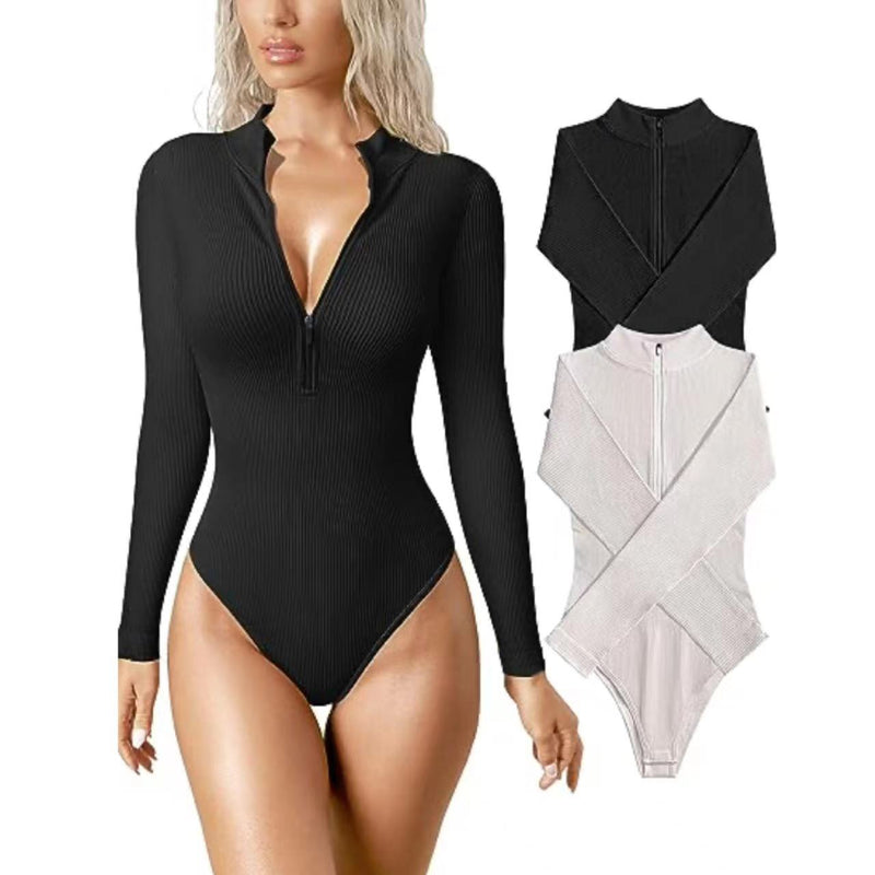 Long Sleeved Jumpsuit Sexy Ribbed One Piece Front Long Sleeve Zipper Top Jumpsuit