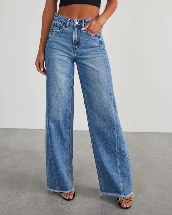 Loose Wide Leg Side Seam Stitching Frayed Hem Jeans Women