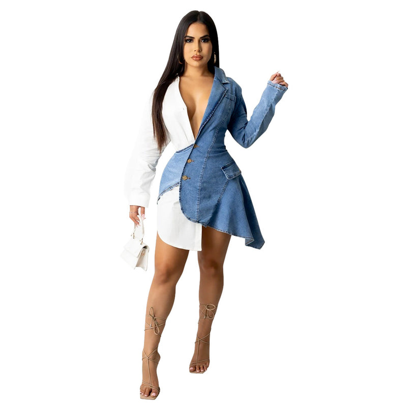 Fashion Sexy V neck Denim Stitching Irregular Asymmetric Dress Plus Size