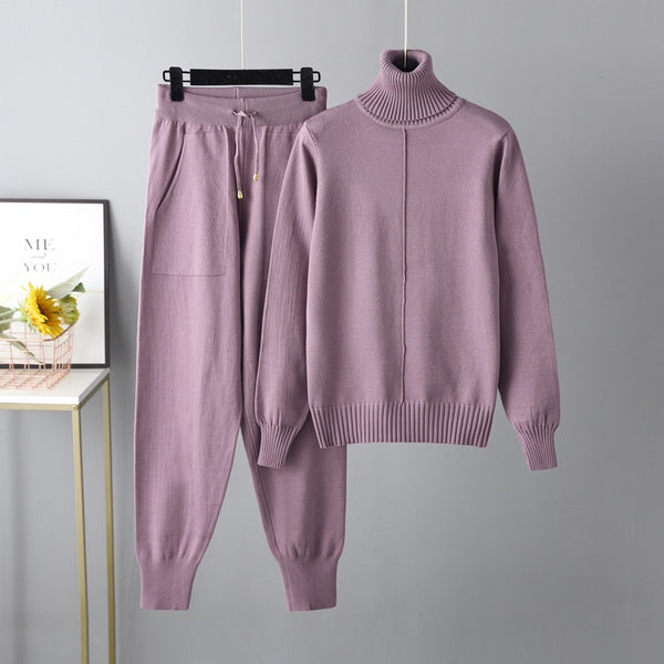 Casual Set Herbst Winter Rollkragen Einfarbig Pullover Zwei Stück Set