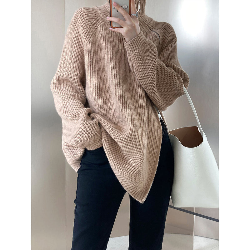 Design Double Headed Oblique Zipper Turtleneck Sweaters Women Clothing Autumn Winter Lazy Casual Sweater