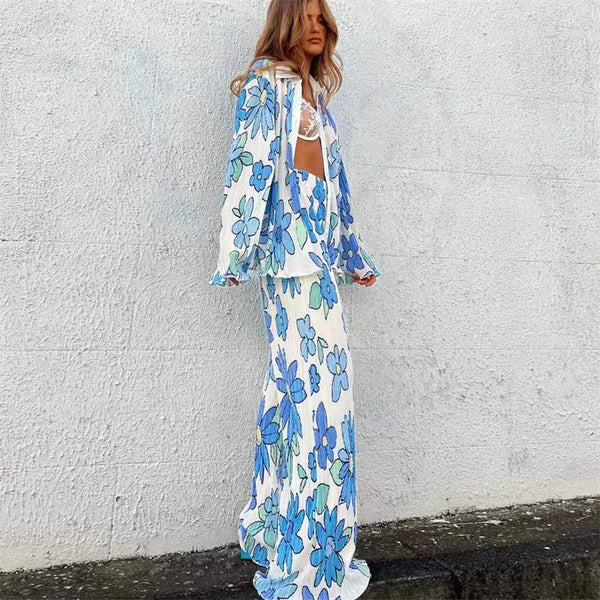 Spring Summer Pleated Printing Collared Long Sleeve Shirt Two Piece Set