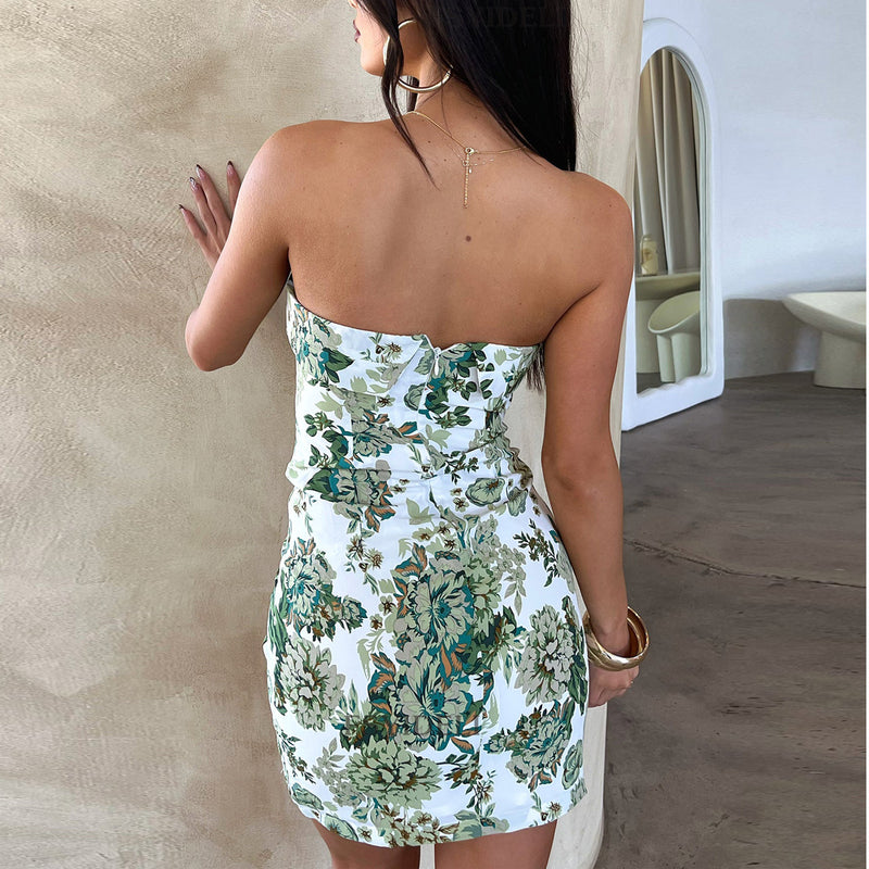 Floral Print Tube Top Dress Sexy Sexy Hip Bag Side Slit Short Dress