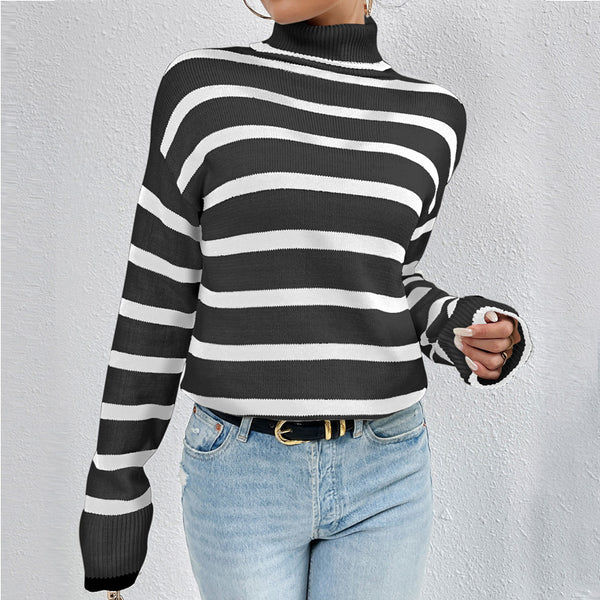 Contrast Color Striped Sweater Women Fall Winter Slim Inner Knitted Top High Collar Bottoming Sweater