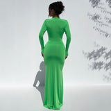 Women Clothing Deep V Plunge neck Long Sleeve Dress Sexy High Slit Pleated Dress