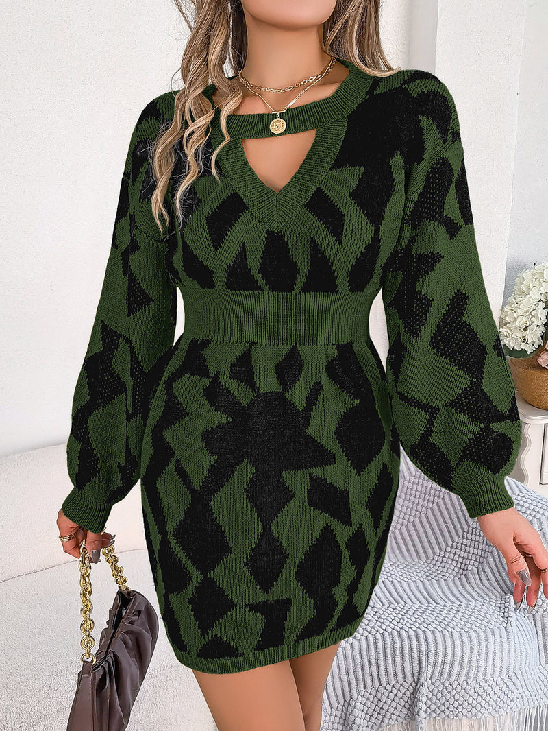 Autumn Winter Casual Color Matching Hollow Out Cutout out Lantern Sleeve Fitted Waist Sweater Dress Women Clothing