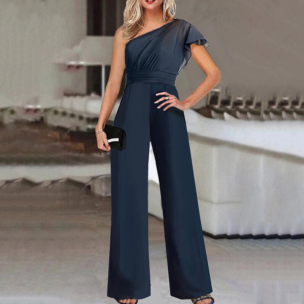 Women Clothing Summer Solid Color Diagonal Collar Strapless High Waist Jumpsuit