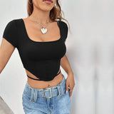 Sommer Frauen Kleidung Quadrat Kragen Unregelmäßige Asymmetrische Kurze Gestrickte Kurzarm T shirt Top