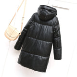 Hooded Faux Leather Coat Women Mid-Length Leather Jacket Thermal Cotton Coat Jacket