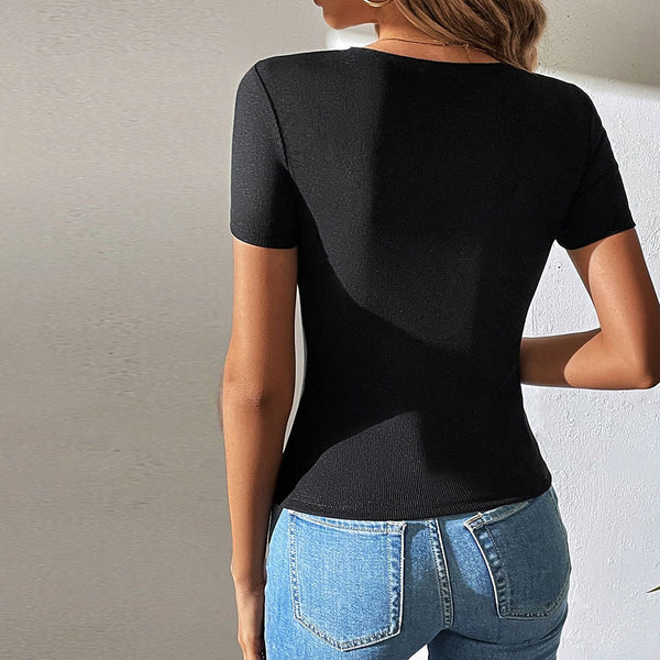 Spring Summer Women Clothing Sexy V neck Hollow Out Cutout Slim Fit Fashionable Knitted Short Sleeve T shirt Top