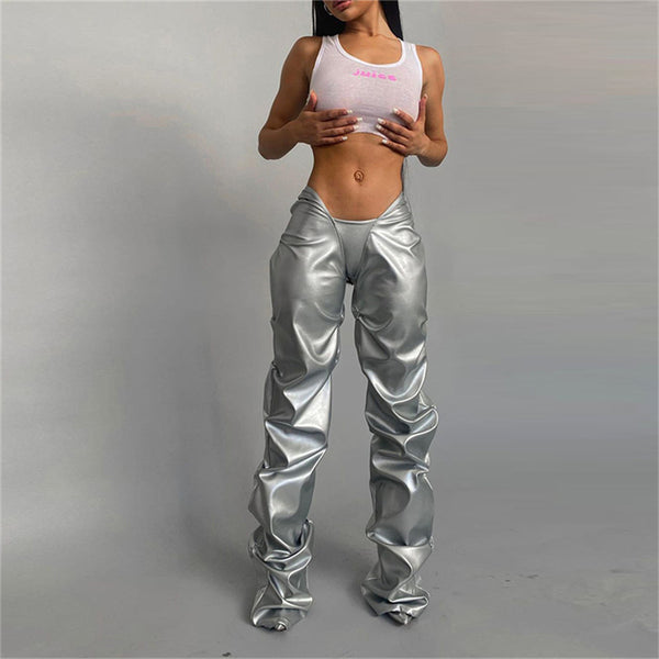 Metallic Coated Fabric Fall Women Clothing Pleated Poly Urethane Leather Sexy Low Waist Street Straight Casual Trousers