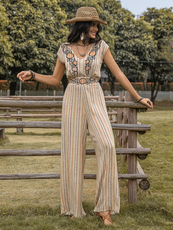 Vertical Stripes Printed V Neck Waist Slimming High Elegant Retro Casual Women Jumpsuit - Angelique