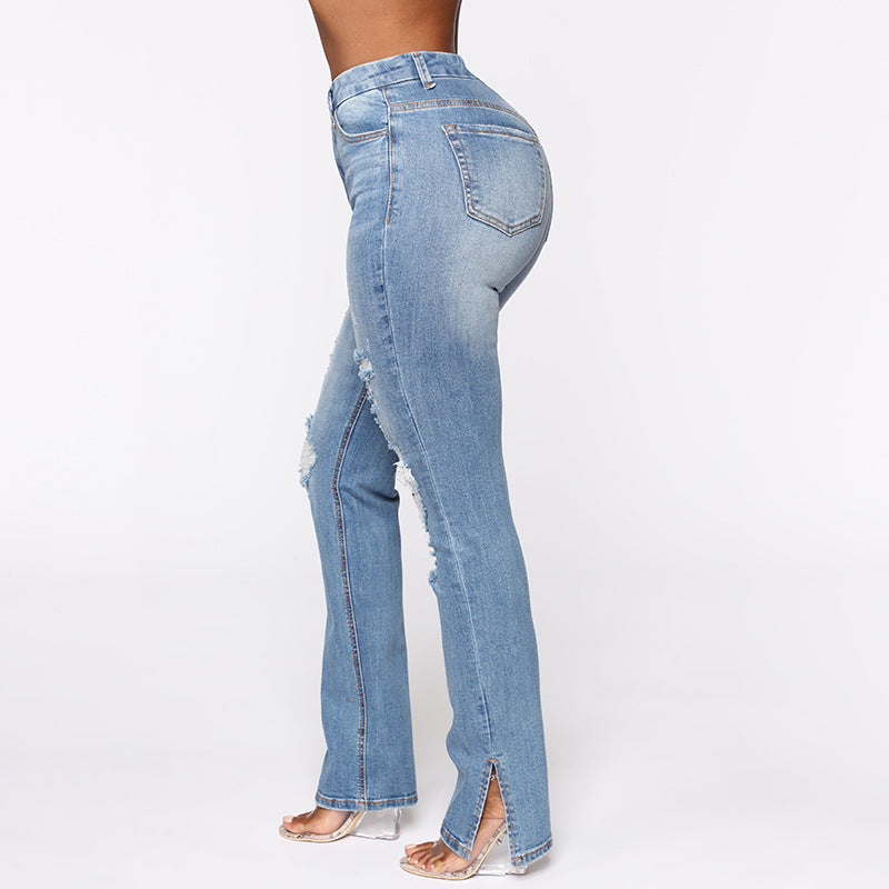 Split Jeans Women Arrival Blue Washed Ripped High Waist Stretch Jeans