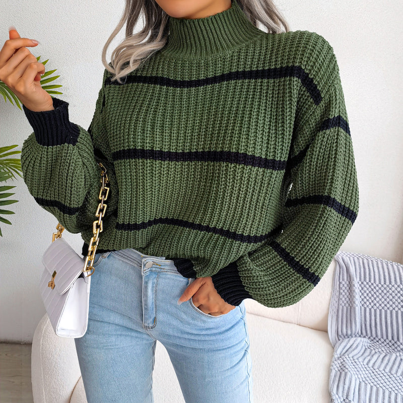 Autumn Winter Casual Striped Lantern Sleeve Half Turtleneck Knitted Sweater Women Clothing