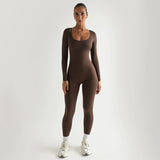 Sexy Soft High Elastic Long Sleeve Tights U Collar Stitching Trousers Jumpsuit