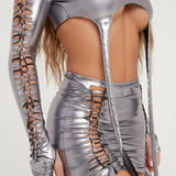 Metallic Coated Fabric Metallic Glossy Women Clothing Cropped Wrapped Chest Skirt Rope Two Piece Set for Women