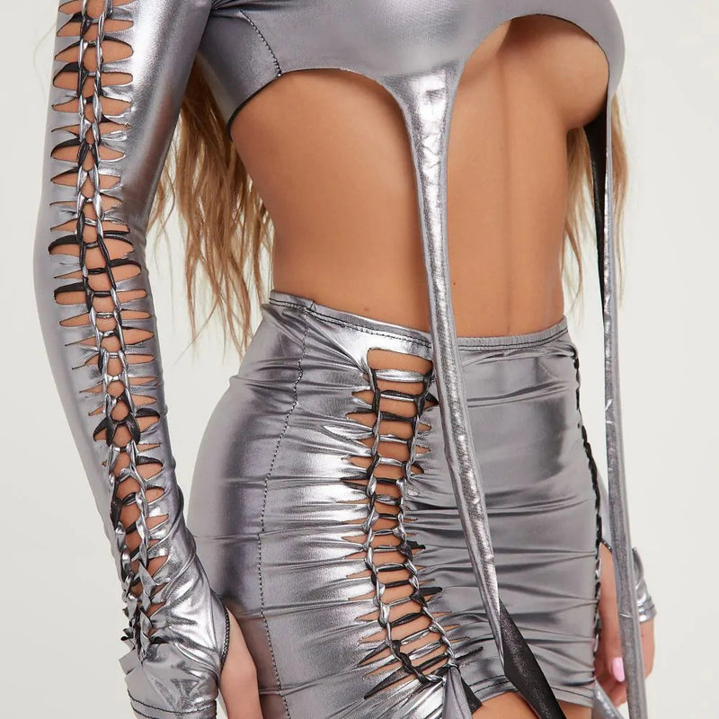 Metallic Coated Fabric Metallic Glossy Women Clothing Cropped Wrapped Chest Skirt Rope Two Piece Set for Women